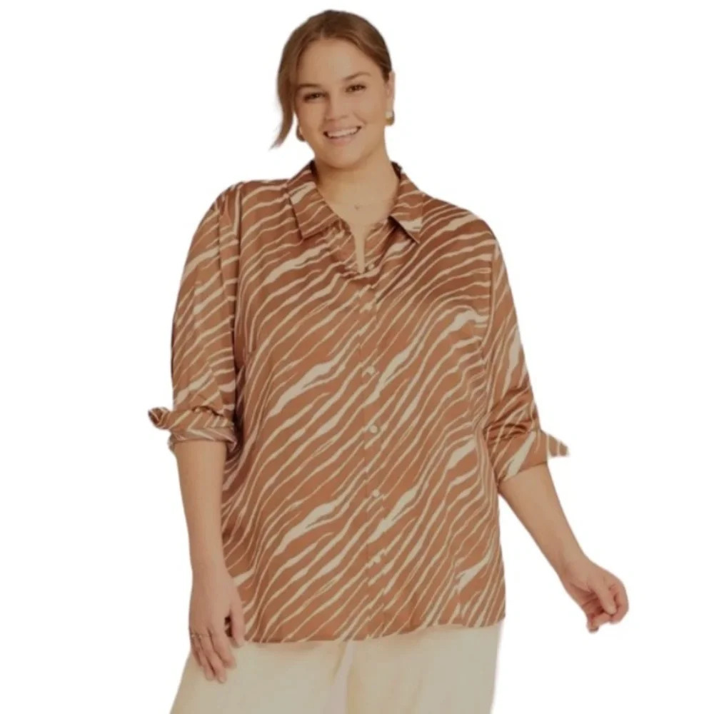 A New Day Zebra Satin Button Down Shirt Oversized Relaxed Women Size XL